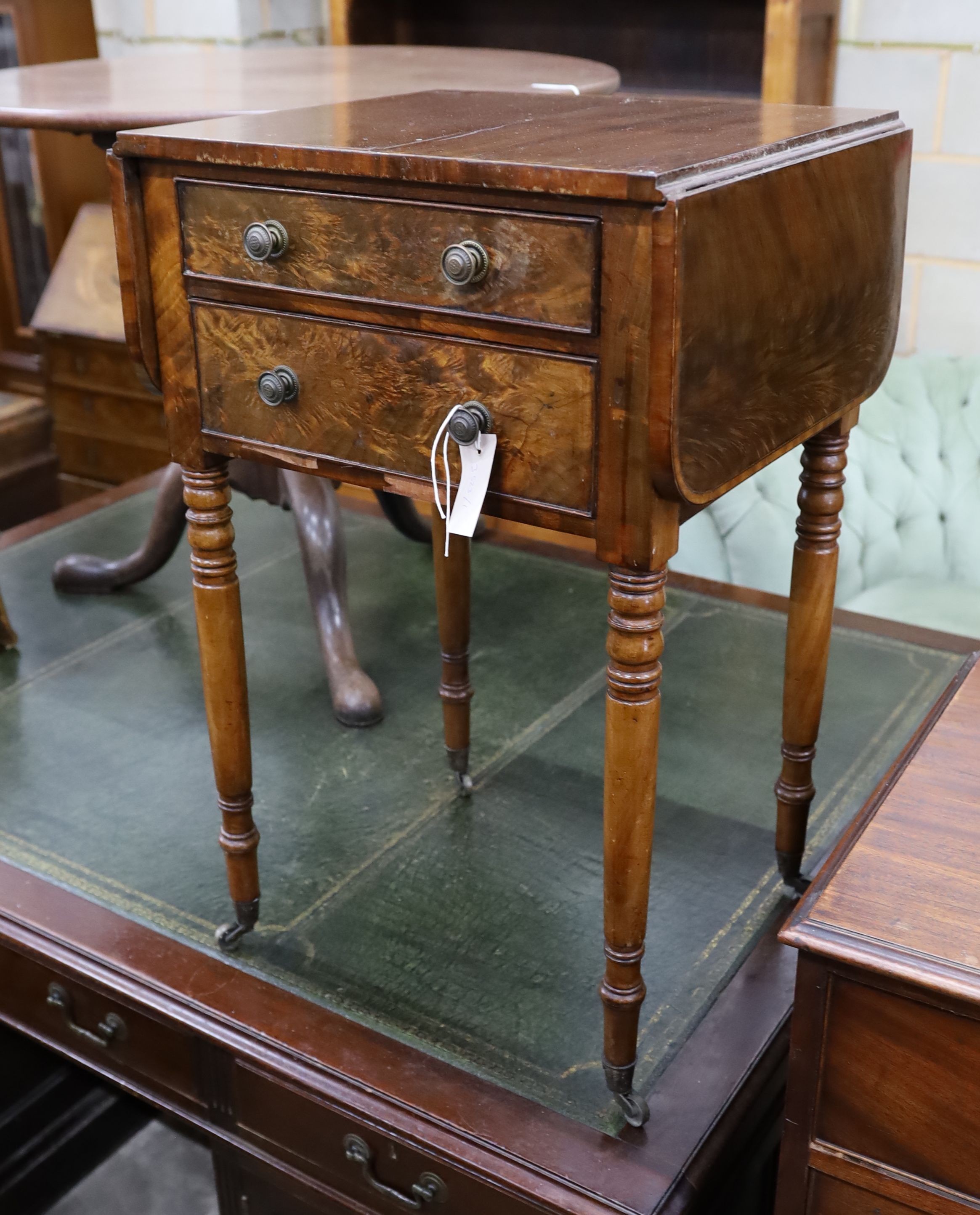 A Regency banded mahogany drop flap work table, width 47cm, depth 41cm, height 73cm